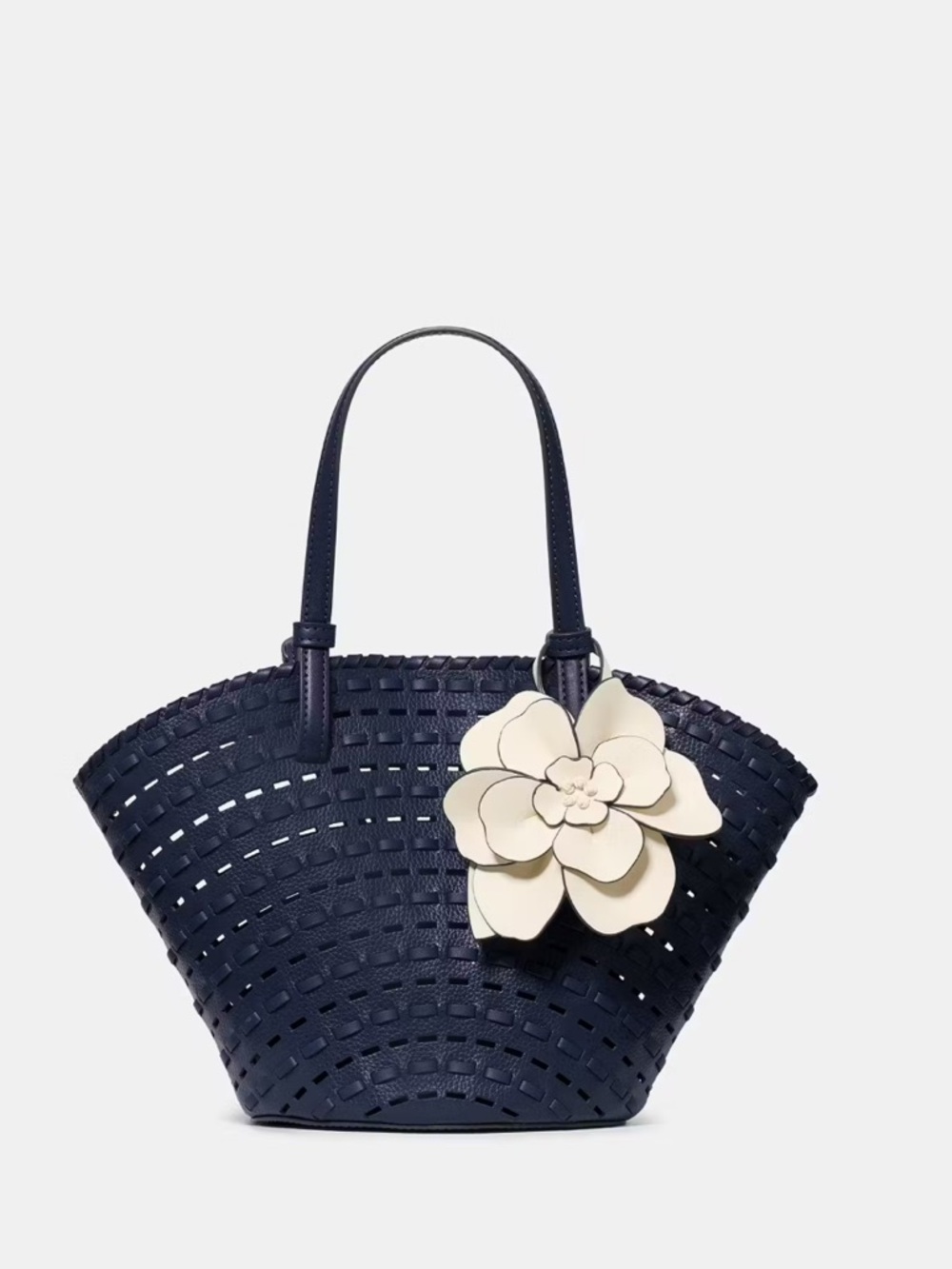 kate spade navy woven tote with cream floral charm